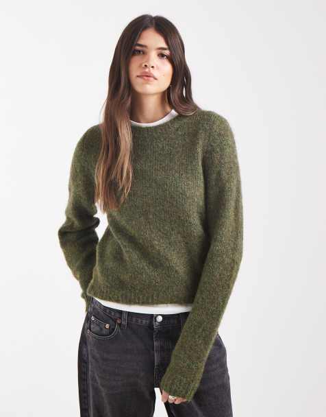 Vero Moda zachte fluffy gebreide trui met ronde hals in mosgroen - view 1