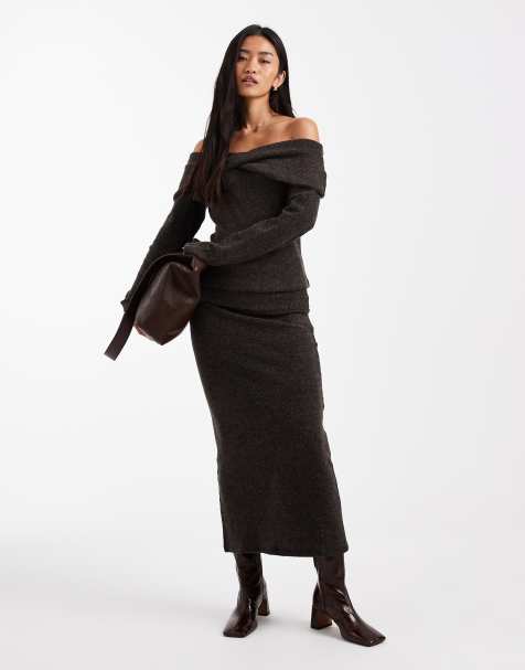 Vero Moda - Zachte midirok met omgeslagen tailleband in gemêleerd chocoladebruin, deel van co-ord set - view 1