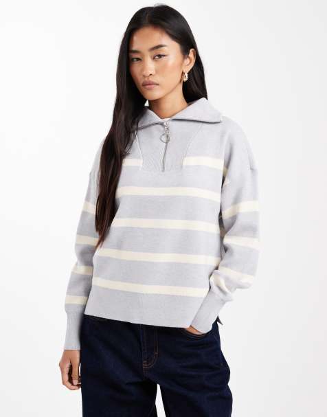 Vero Moda zip through jumper in light grey with cream stripes