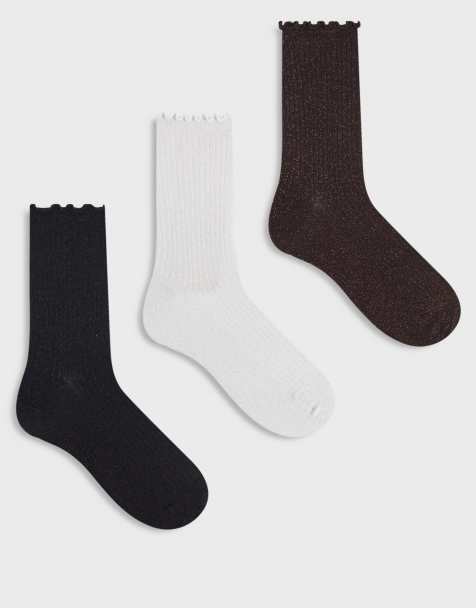 Vero Moda – Zestaw 3 par brokatowych skarpetek z falbanką w kolorze czarnym, białym i czekoladowym - view 1