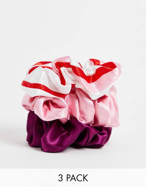 Vero Moda – Zestaw 3 satynowych gumek do włosów: w różowe paski, burgundowa i różowa