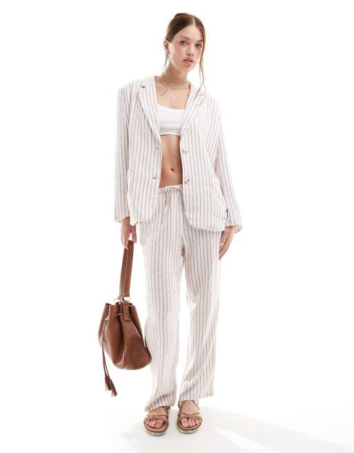 Vero Moda – Zestaw z domieszką lnu w paski w kolorze terakoty: marynarka oversize i spodnie z szerokimi nogawkami