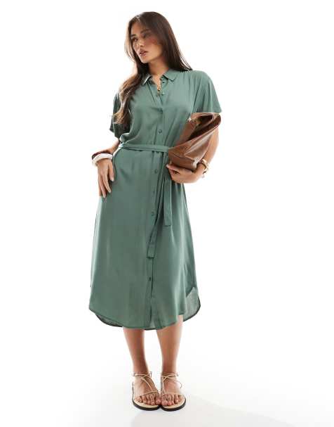 Vero Moda shirt midi dress with tie belt in green