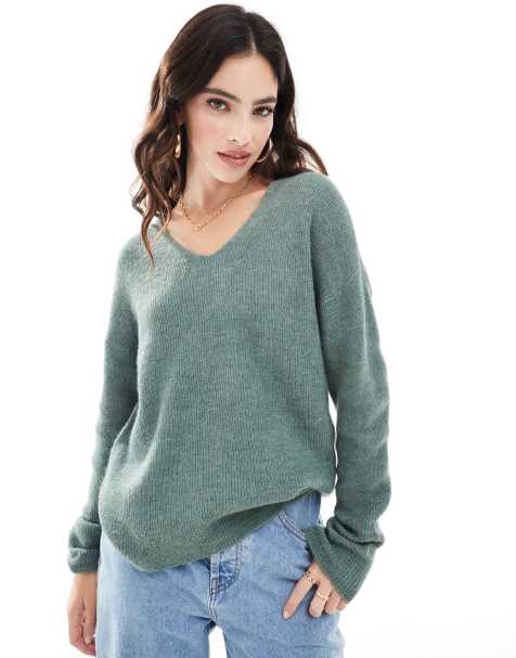 Vero Moda lightweight v neck jumper in green melange