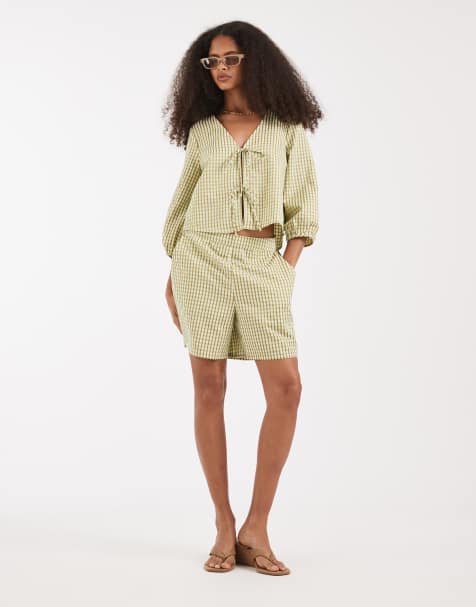 Vero Moda – Zielony zestaw w kratkę vichy: wiązany z przodu top i szorty z podwyższonym stanem - view 1