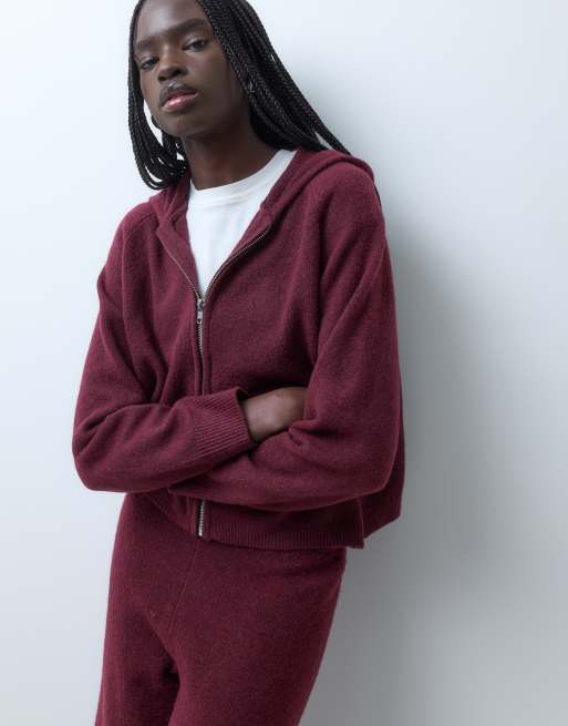 Vero Moda zip front knitted hoodie co-ord in burgundy melange, 3 of 4
