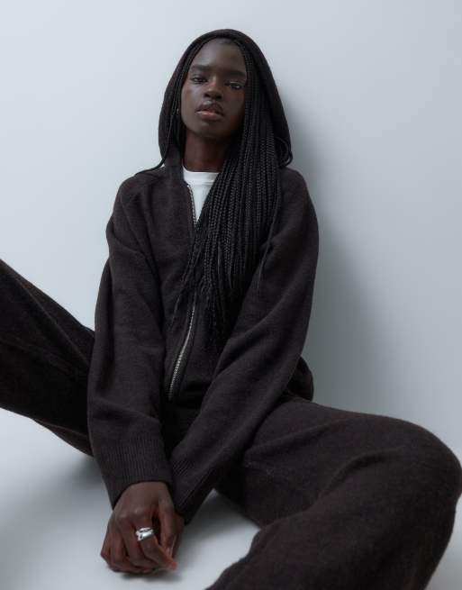 Vero Moda zip front knitted hoodie co-ord in chocolate brown melange, 3 of 4