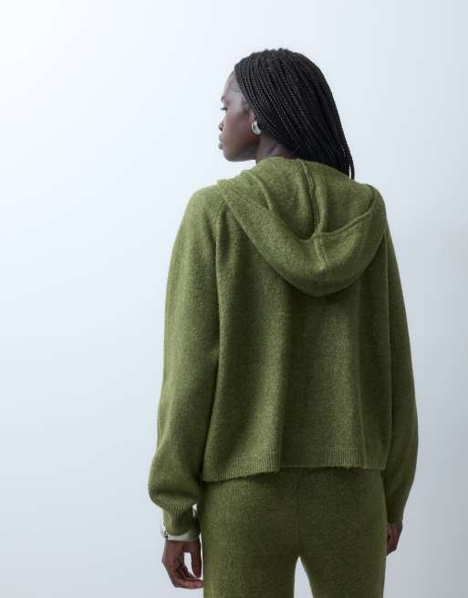 Vero Moda zip front knitted hoodie co-ord in moss green melange, 4 of 4