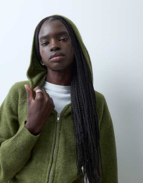 Vero Moda zip front knitted hoodie set in moss green melange - view 1