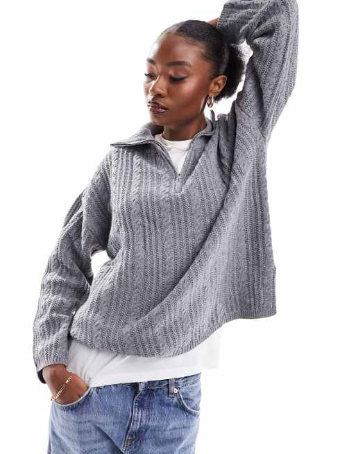 Vero Moda zip neck cable knit sweater in gray