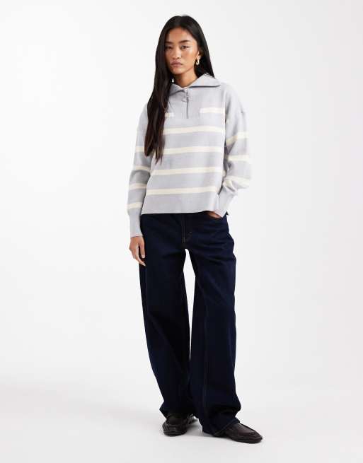 Vero Moda zip through jumper in light grey with cream stripes, 2 of 4