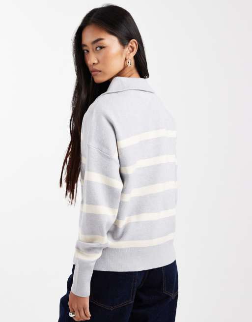 Vero Moda zip through jumper in light grey with cream stripes, 4 of 4