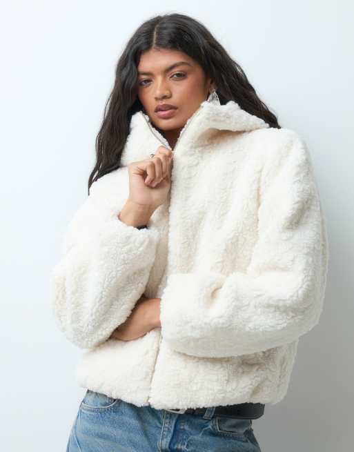 Vero Moda zip thru hooded teddy jacket in white, 4 of 5