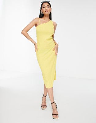 Vero Moda – Żółta sukienka midi typu bodycon na jedno ramię z prążkowanego dżerseju