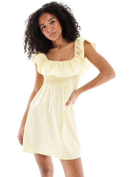 Vero Moda shirred bodice mini dress with frill detail in yellow gingham print