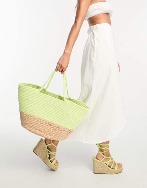 Vero Moda – Żółta torebka plażowa z wikliny i linki