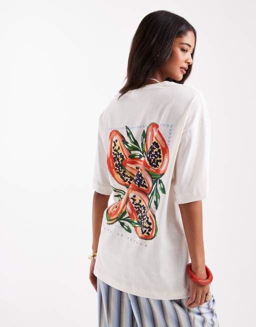 Vero Moda – Żółty T-shirt oversize o fasonie boyfriend z grafiką z napisem Fruta De Papaya