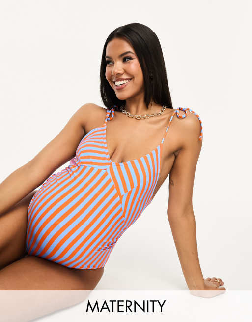 Vero Moda - Zwangerschapskleding - Badpak met gestrikte schouderbandjes en strepen in blauw en oranje 