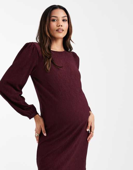 Vero Moda - Zwangerschapskleding - Mini-jurk van plissé met blousonmouwen in bordeauxrood, 2 van 4