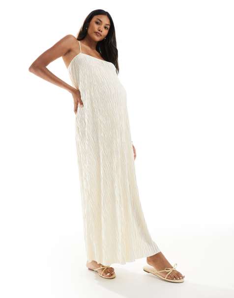 Vero Moda - Zwangerschapskleding - Plissé maxi jurk met textuur en dunne bandjes in crème - view 1