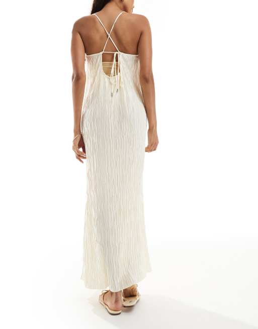 Vero Moda - Zwangerschapskleding - Plissé maxi jurk met textuur en dunne bandjes in crème, 4 van 4