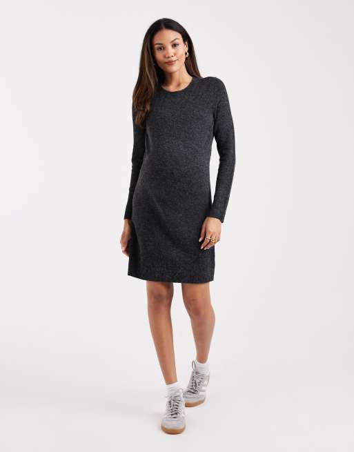 Vero Moda - Zwangerschapskleding - Zachte gebreide mini-jurk met ronde hals in gemêleerd zwart, 2 van 4