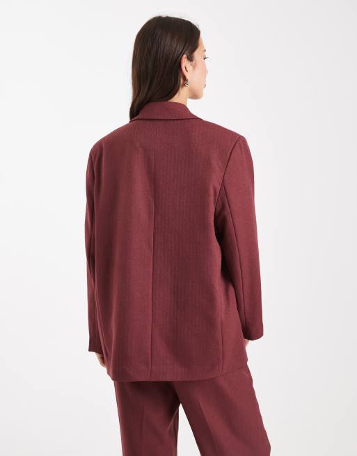 Vero Moda – Zweireihiger Blazer in Burgunderrot mit Fischgrätmuster, Kombiteil, 3 von 4