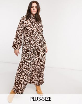 Verona Curve high neck long sleeve dress with tiered skirt in leopard print-Brown