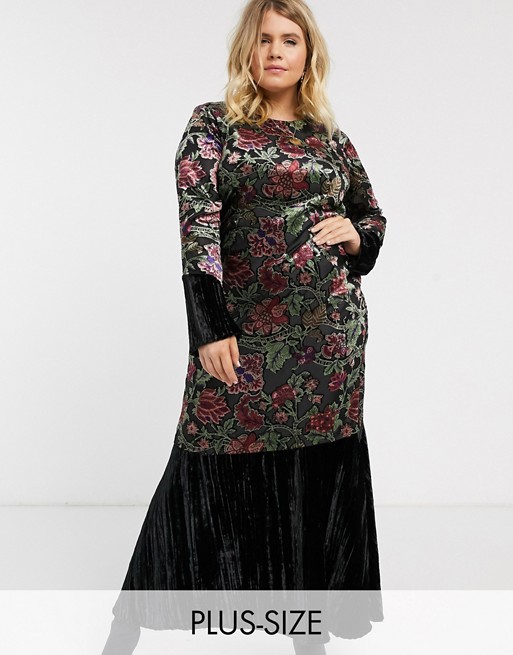 Verona Curve high neck maxi dress with fluted sleeve in velvet burnout