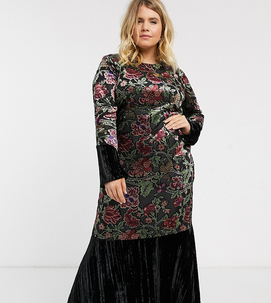 Verona Curve - Hoogsluitende lange jurk van burnout-fluweel met uitlopende mouwen-Multi