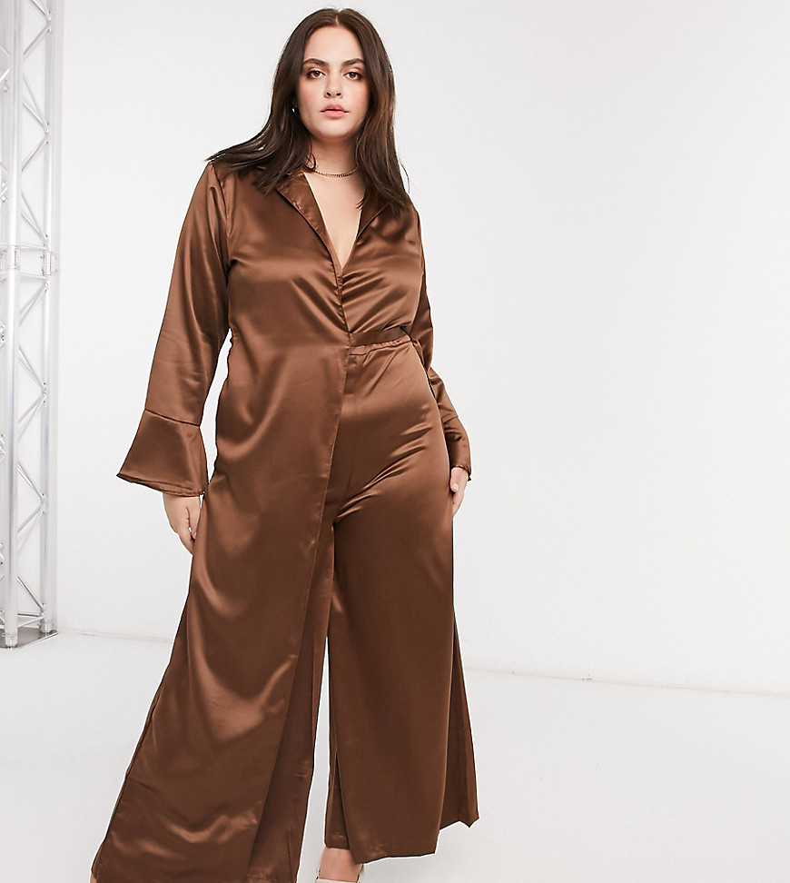 Verona Curve jumpsuit with wrap front detail in chocolate-Brown