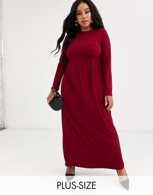 Verona Curve long sleeve jersey maxi dress with pleat in burgundy