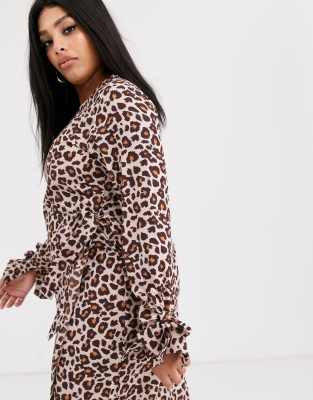 long sleeve leopard print wrap dress