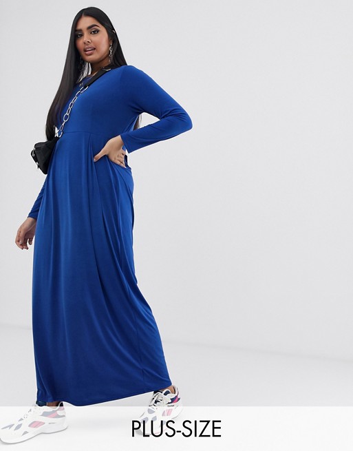 Verona Curve long sleeved jersey maxi dress with pleat in blue