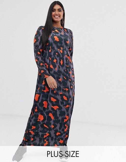 Verona Curve long sleeved jersey maxi dress with pleat in orange leopard print