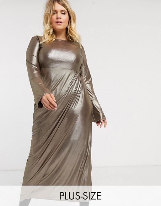 Verona Curve maxi dress with drape wrap front in silver glitter