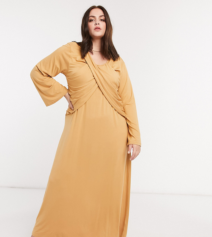 Verona Curve maxi dress with long sleeves and cross pleat detail in camel-Beige