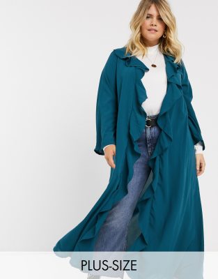 Verona Curve  Maxi-Duster-Jacke mit Rüschen aus Chiffon-Grün Grün