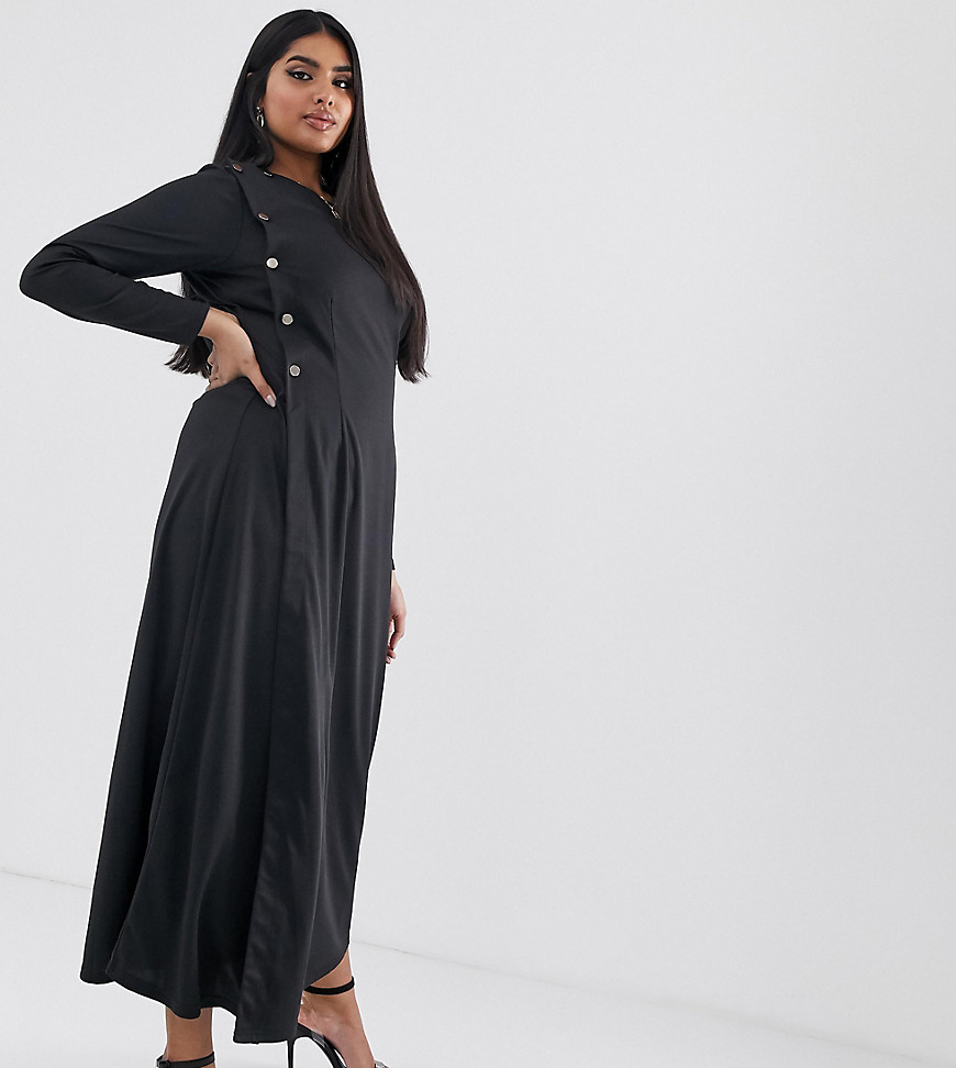 Verona Curve - Maxi-jurk met lange mouwen en knopen in zwart