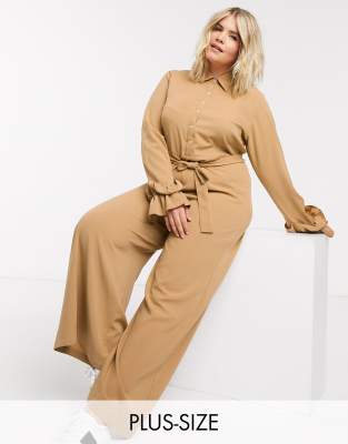 beige wide leg jumpsuit