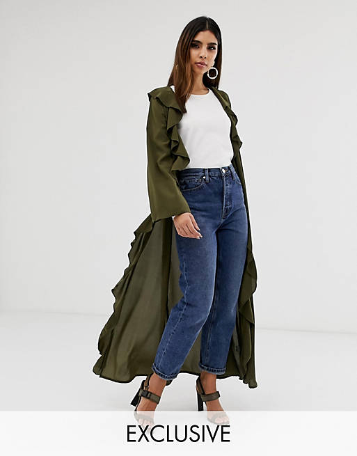 Verona frill front duster jacket in olive