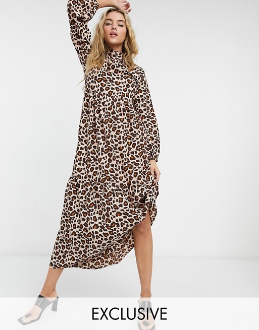 Verona high neck long sleeve dress with tiered skirt in leopard print