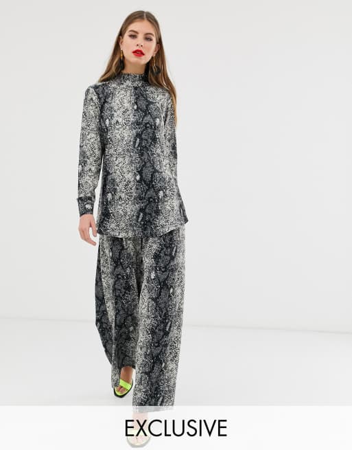 Verona high neck long sleeved top and wide leg pant in python print, 2 of 3