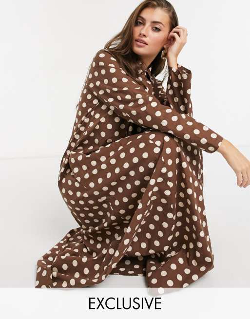 Verona high neck maxi shirt dress in chocolate spot