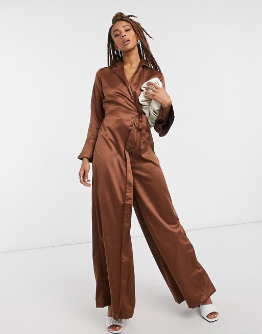Verona jumpsuit with wrap front detail in chocolate