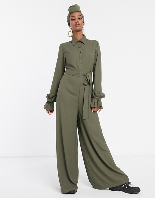 Verona long sleeve jumpsuit with frill sleeves in khaki