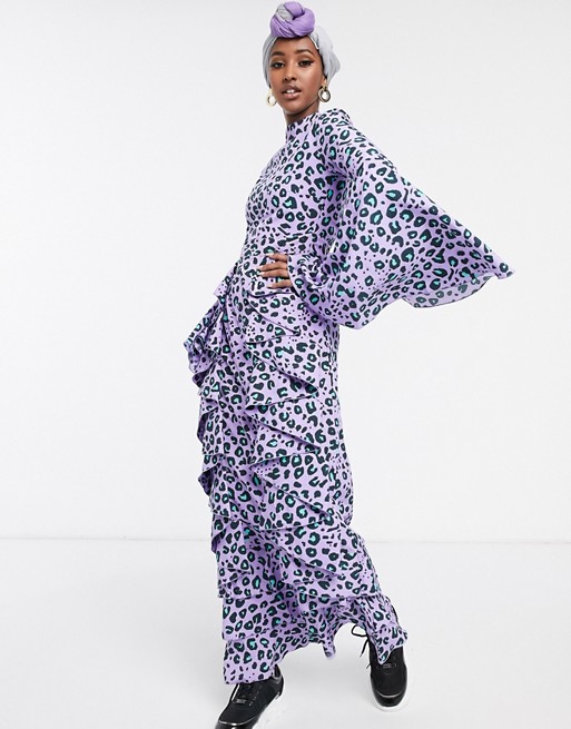 Verona long sleeve maxi tea dress in lilac leopard print