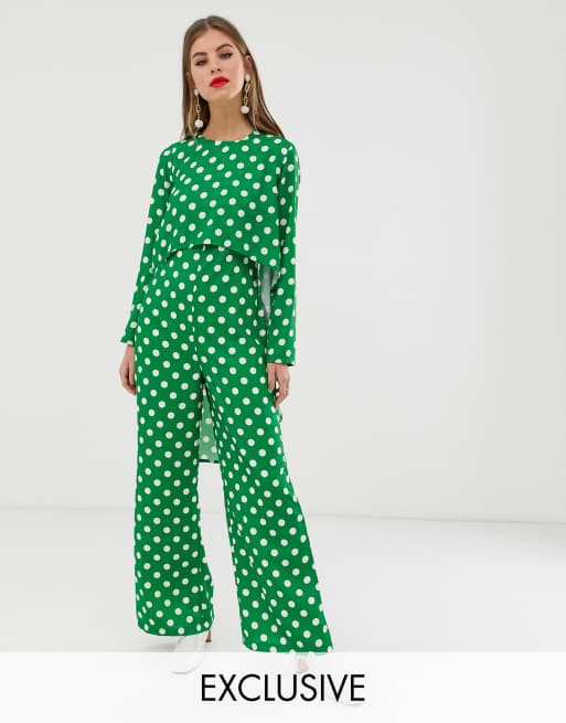 Green and white polka best sale dot jumpsuit