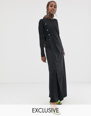 Verona long sleeved maxi dress with button detail in black