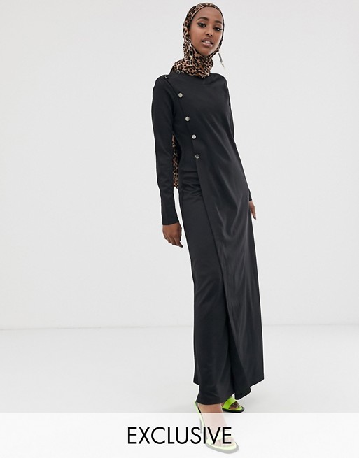 Verona long sleeved maxi dress with button detail in black